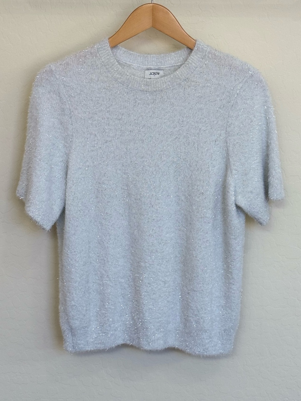 J.Crew Silver Metallic Tinsel Shaggy Short Sleeve Knit Sweater Size M